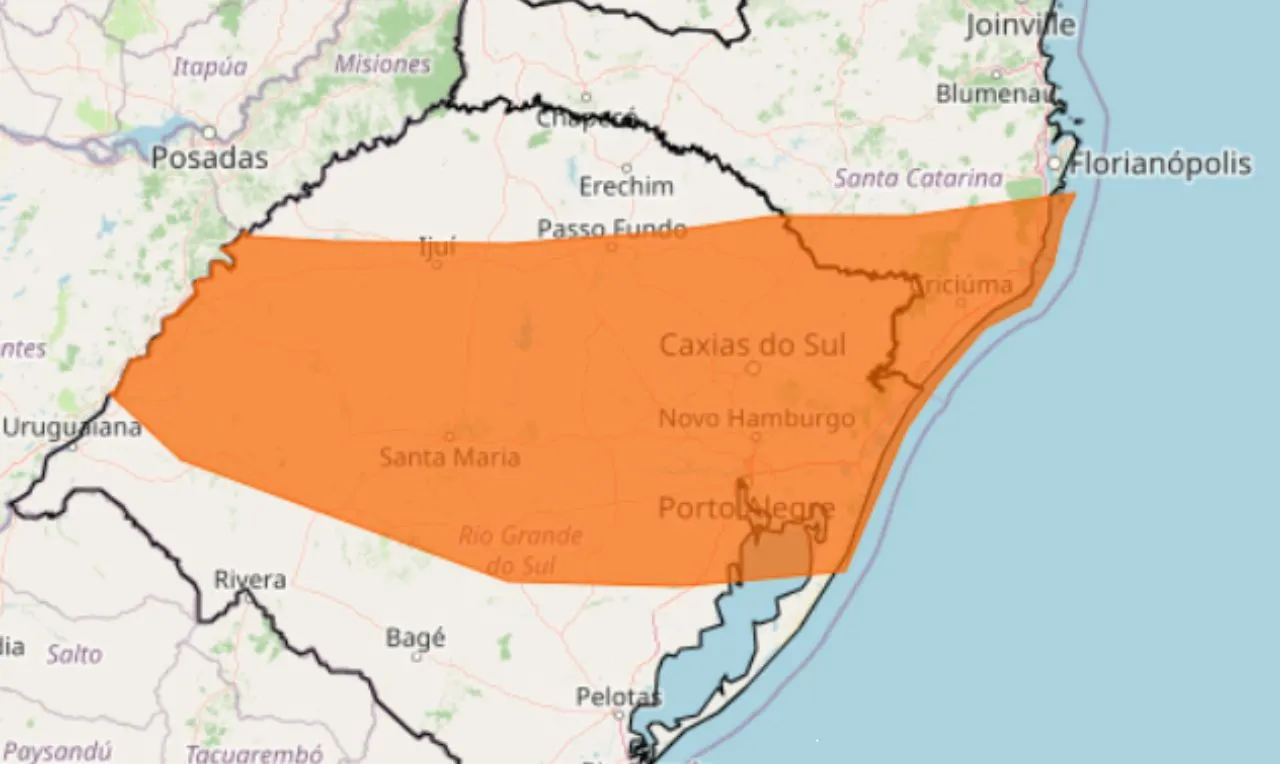 O mapa mostra as &aacute;reas em alerta para chuva intensa e ventos severos